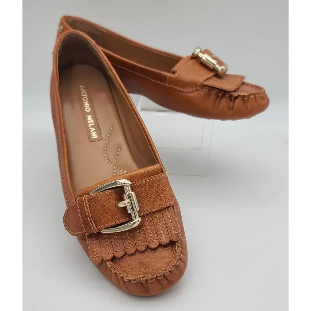 Antonio Melani Tabbie Women 6.5 Brown Leather Loafers Gold Buckle & Fringe Style
